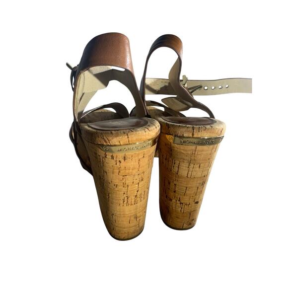 Michael Kors Walnut Natalia 8.5 Leather Platform Sandal Brown Cork 4.5 Inch Heel - Picture 9 of 10